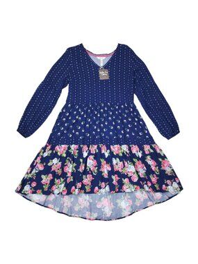 Matilda Jane Girls Navy Blue Floral Print Long Sleeve Tiered Dress Size Small